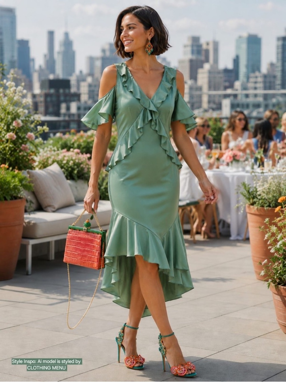 Green Ruffle V-Neck Midi Dress